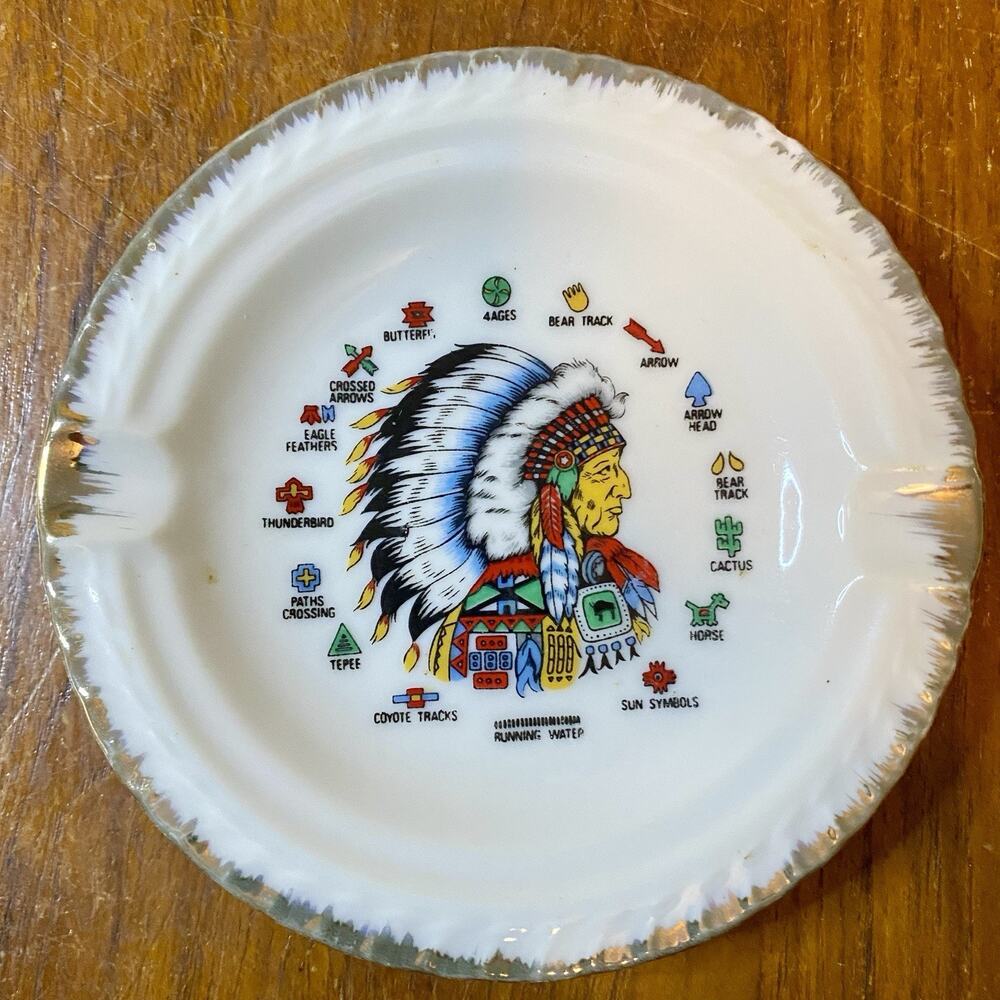 Porcelain Ashtray Running Water with Indian Symbols 5”Round Japan vintage
